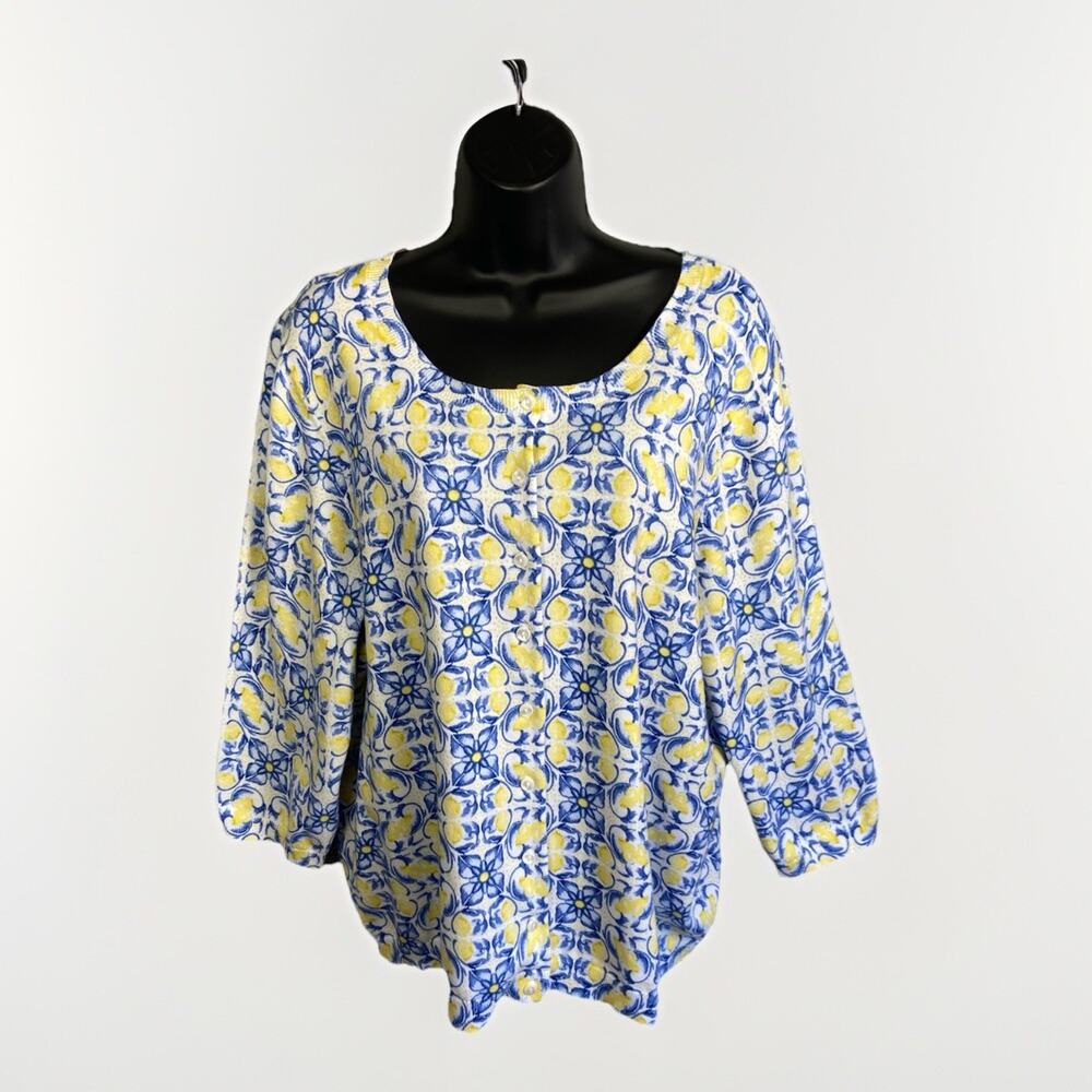 Talbots Plus Floral Lemon Cardigan Sweater Women’s 2XL Buttons Grannycore County